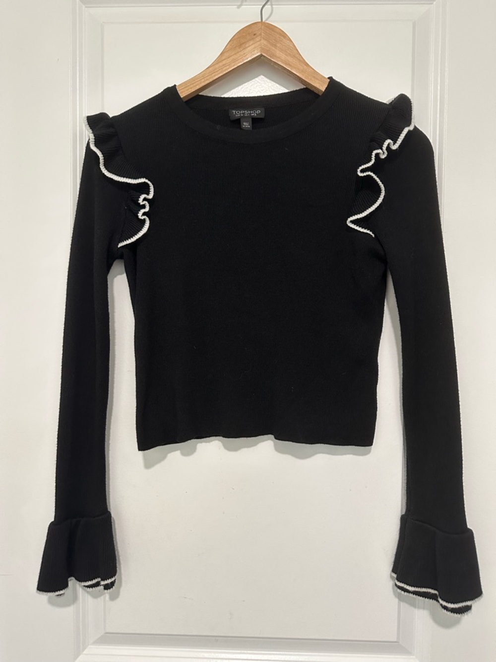 Topshop Black Long Sleeve Knit Top with White Trim Ruffles